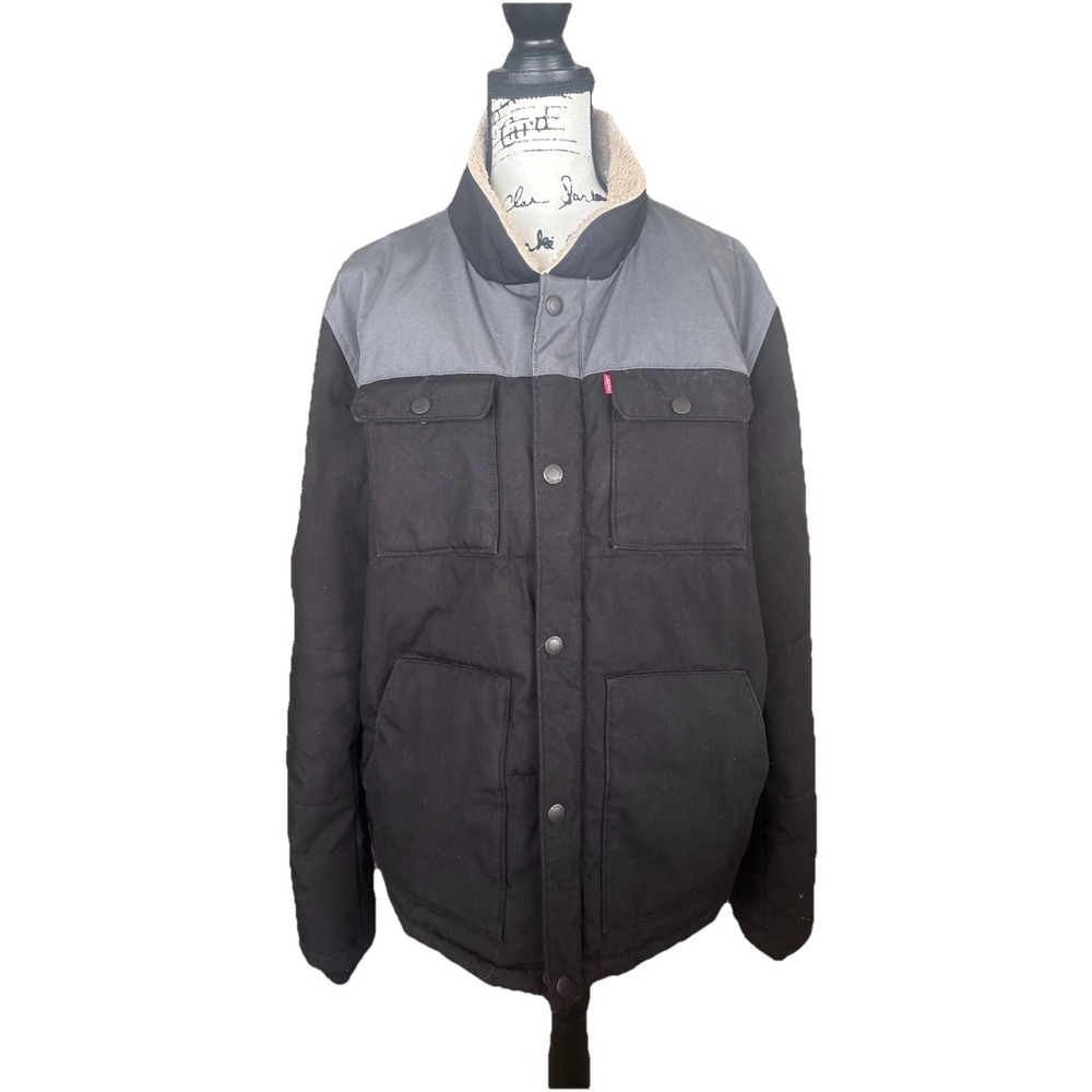 Levi's Winter Coat Mens X-Large Black Sherpa Lined Gray Yoke Quilted